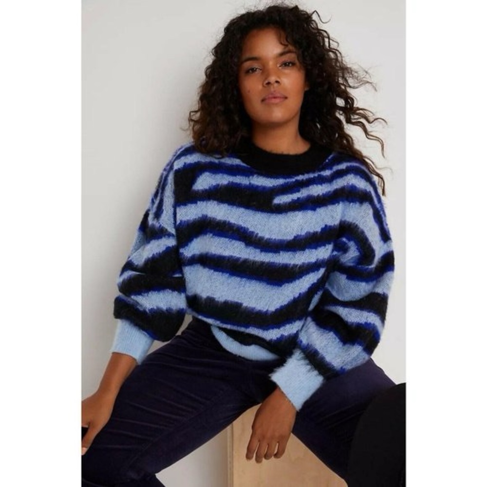 Anthropologie Salma Striped Eyelash Sweater blue and black size small